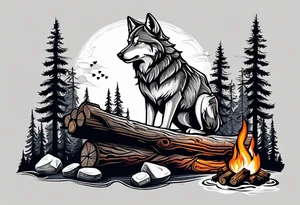 wolf at camp sitting on the log holding stick with marshmallows roasting over the campfire in the Forest tattoo idea