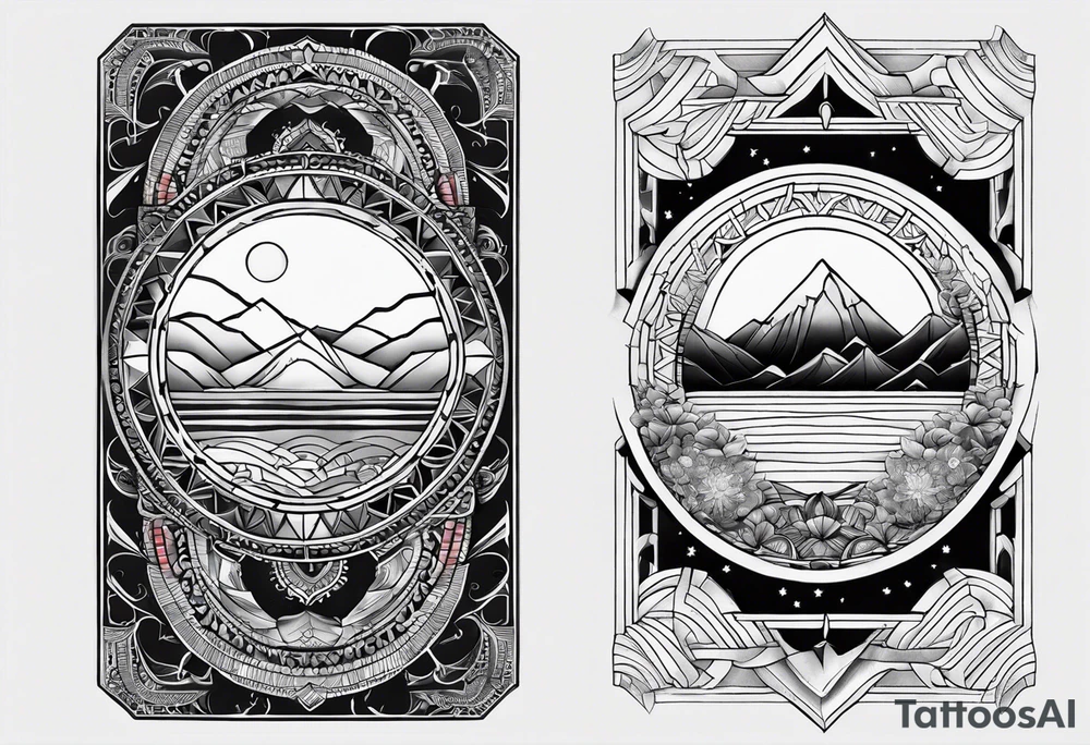 Rectangular arm tattoo around whole upper arm. Mandala inspired Design. Mountains, sea, Sky and moon are depicted. But everything seems to be turned around tattoo idea