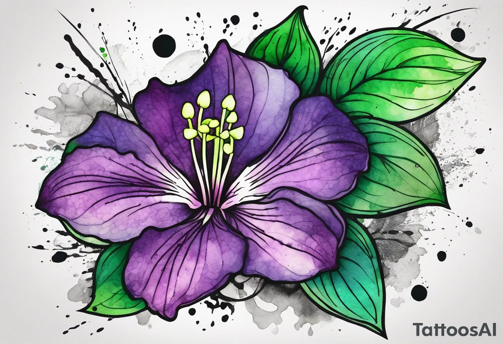 A mystical outline of a green and purple rio dipladenia flower and a green and purple watercolor splash in the background tattoo idea
