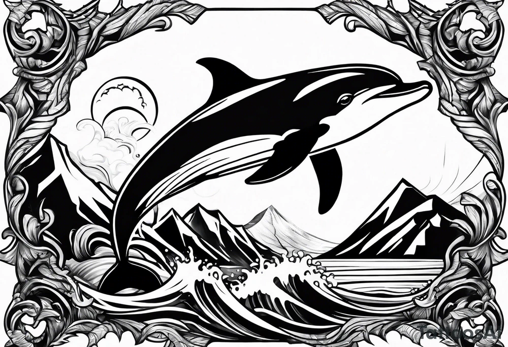 Mountains and dolphin in 
ocean 
crashing diamond shape tattoo idea