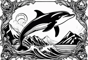 Mountains and dolphin in 
ocean 
crashing diamond shape tattoo idea