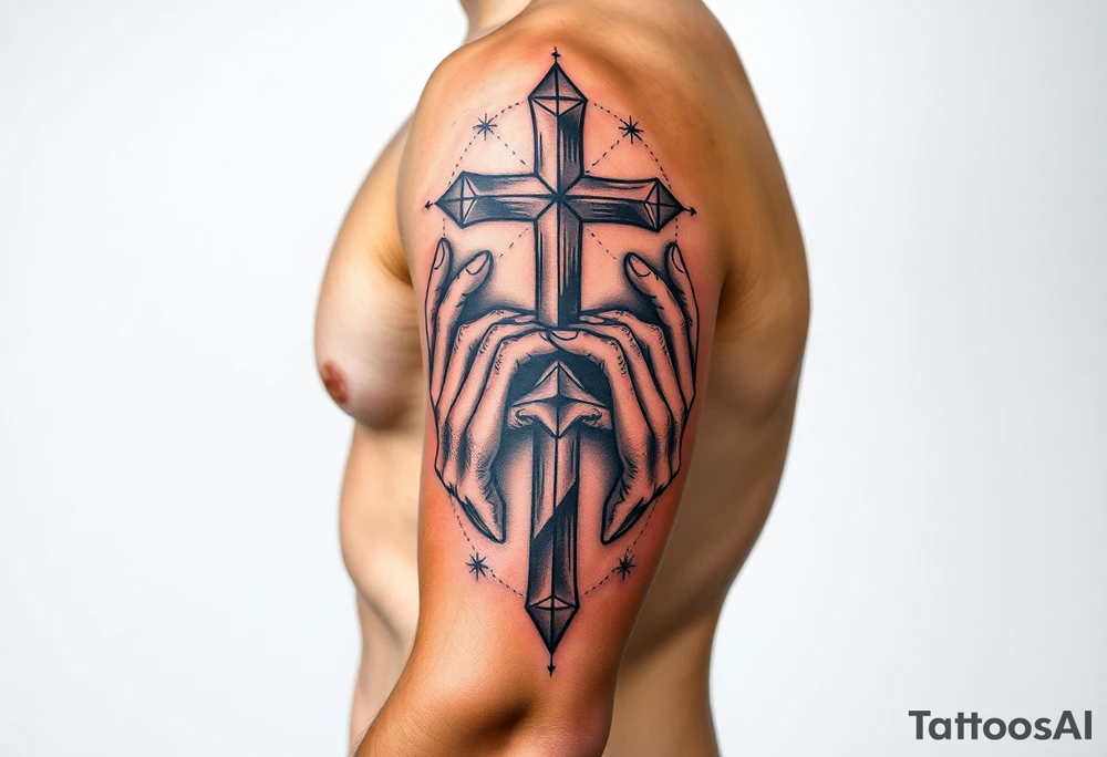 cast all your anxiety on him because he cares for you" with a cross and hands tattoo idea
