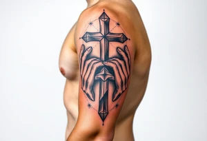 cast all your anxiety on him because he cares for you" with a cross and hands tattoo idea