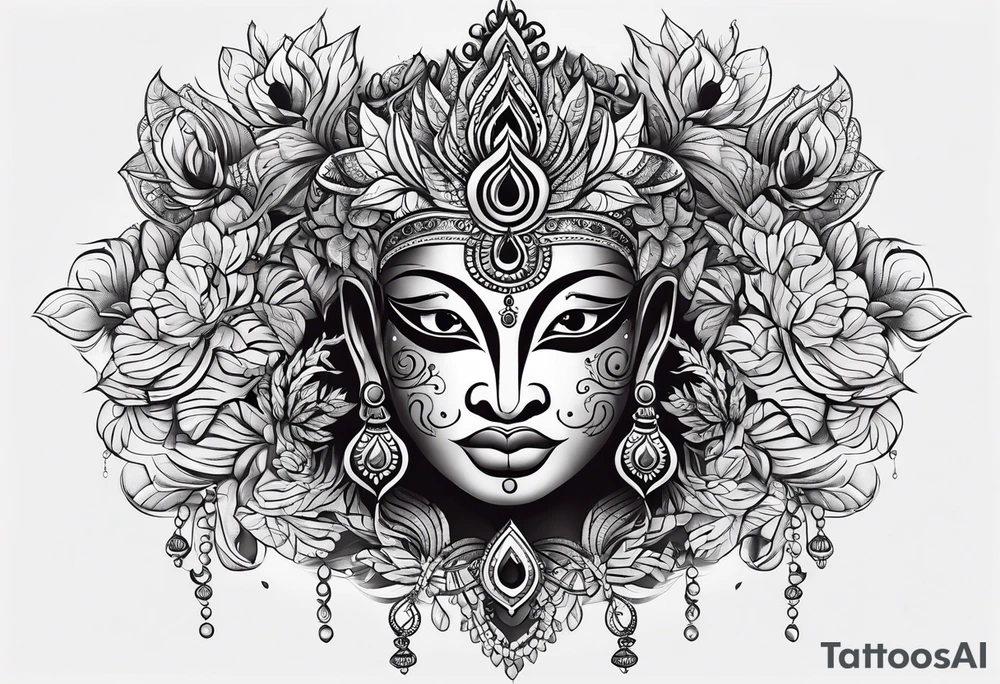 full sleeve tattoo with pottan theyyam face on top flowing down into vines which becomes two eyes in the bottom. tattoo idea
