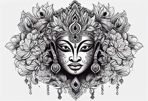full sleeve tattoo with pottan theyyam face on top flowing down into vines which becomes two eyes in the bottom. tattoo idea