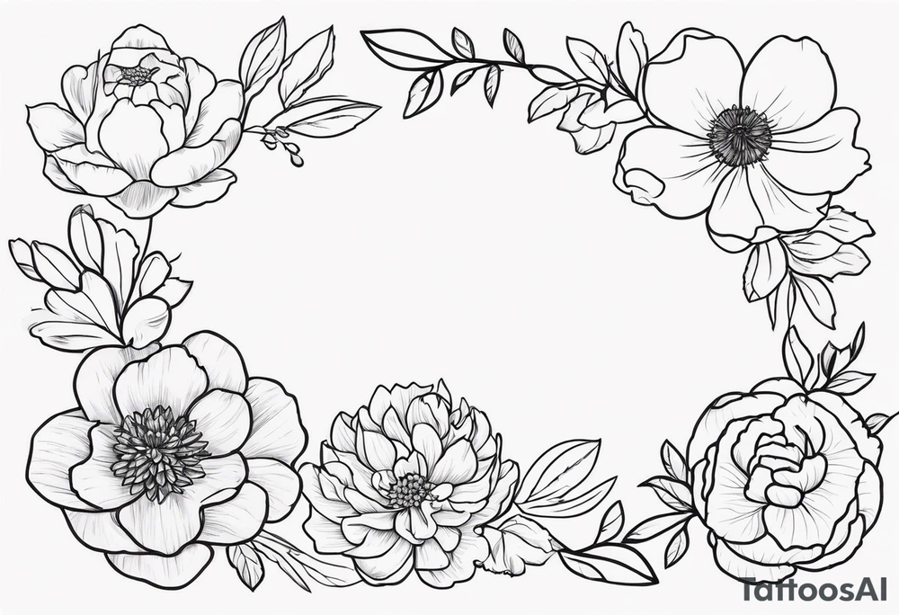 make me a flower design tattoo, that has 8 flowers peony, carnation, daffodil, daphne, dahlia, desiree, daisy and rose tattoo idea