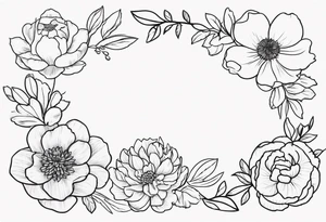 make me a flower design tattoo, that has 8 flowers peony, carnation, daffodil, daphne, dahlia, desiree, daisy and rose tattoo idea