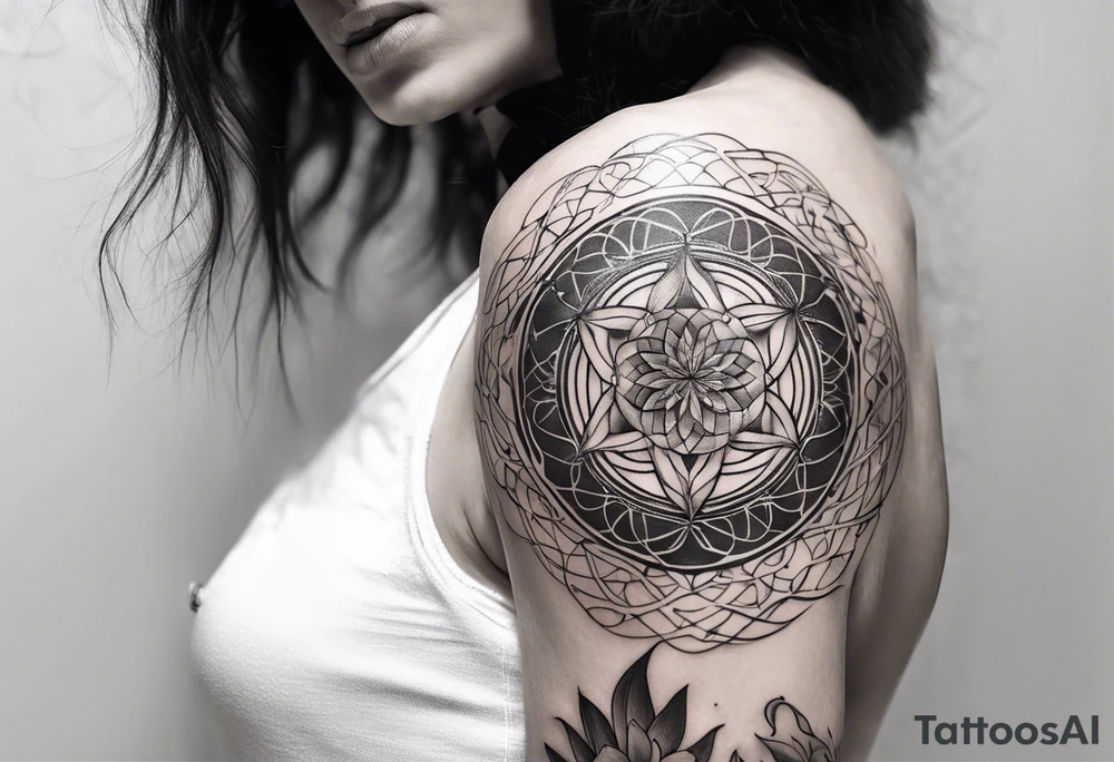 Sleeve tattoo on a woman's arm. Phoenix top center flower of life bottom metatron cube tattoo idea