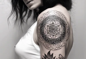 Sleeve tattoo on a woman's arm. Phoenix top center flower of life bottom metatron cube tattoo idea