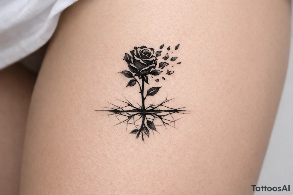 Rose silhouette shattering into fragmented petals, reflected in cracked ice. tattoo idea