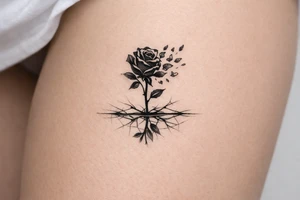 Rose silhouette shattering into fragmented petals, reflected in cracked ice. tattoo idea