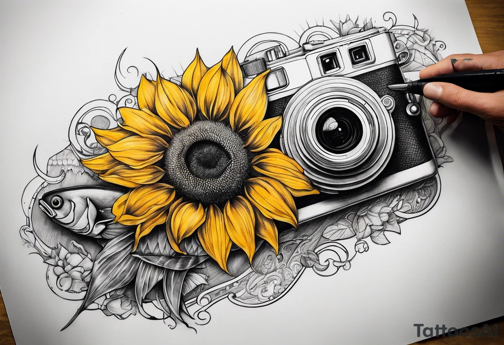 sunflower, camera, fish, moon tattoo idea