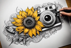 sunflower, camera, fish, moon tattoo idea