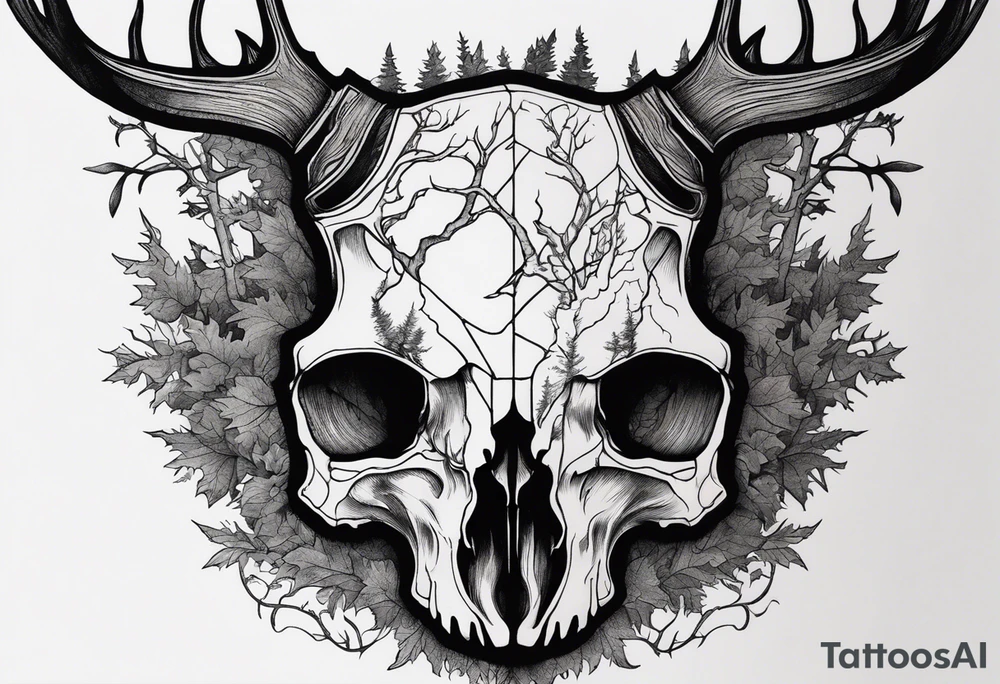 scary side view of a DECAYING deer skull JUST BONE surrounded by a forest fire in background tattoo idea