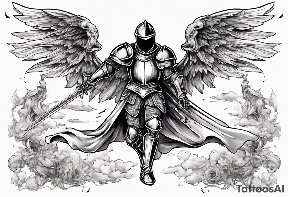 A Winged Paladin Knight in mid-air with his sword about to attack. tattoo idea