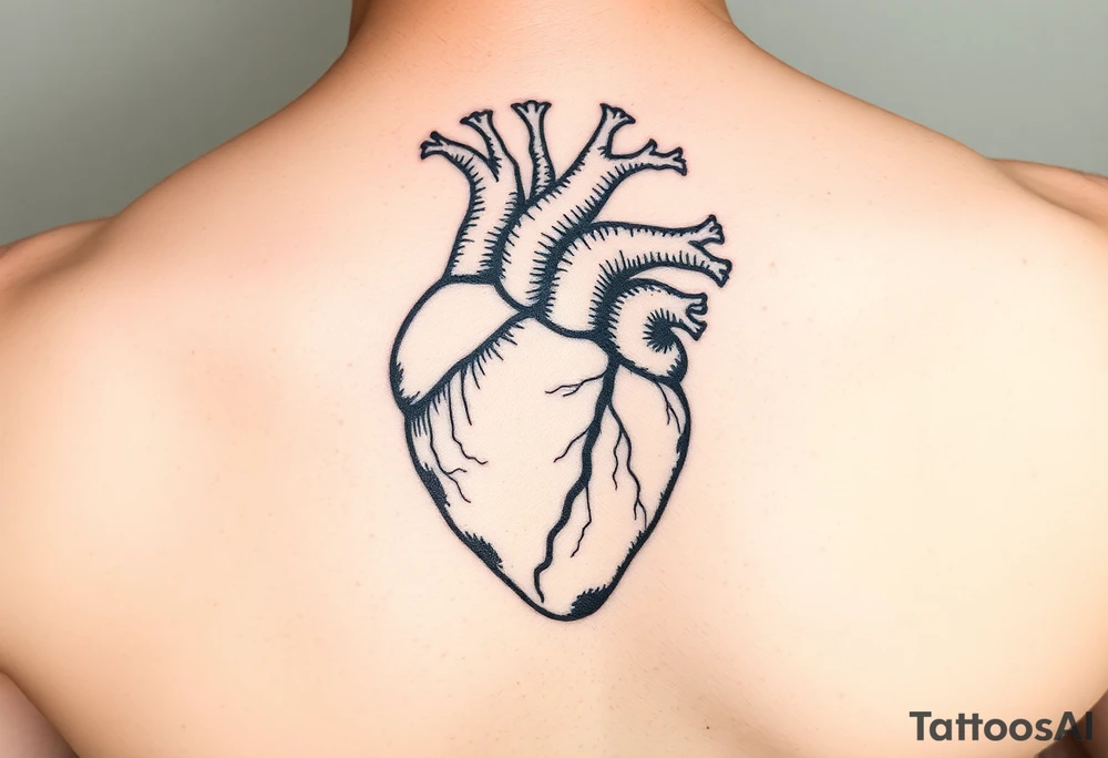 woodcut realistic human heart etching tattoo high detail anatomy with lines coming off of it like a nautical compass with lots of veins tattoo idea