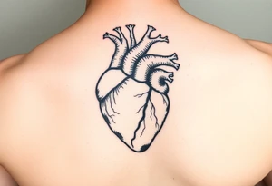 woodcut realistic human heart etching tattoo high detail anatomy with lines coming off of it like a nautical compass with lots of veins tattoo idea