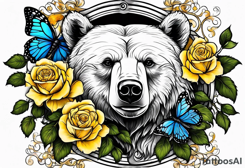 A bear with three yellow roses, three butterflies, and the tree of life tattoo idea