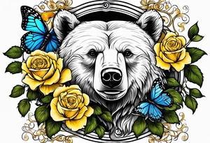 A bear with three yellow roses, three butterflies, and the tree of life tattoo idea