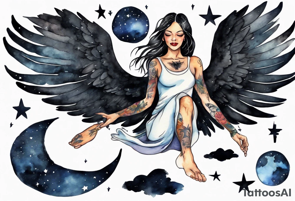 a beautiful 45 year old Dakota woman flying in the night sky with black wings and bare feet tattoo idea