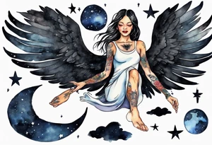 a beautiful 45 year old Dakota woman flying in the night sky with black wings and bare feet tattoo idea