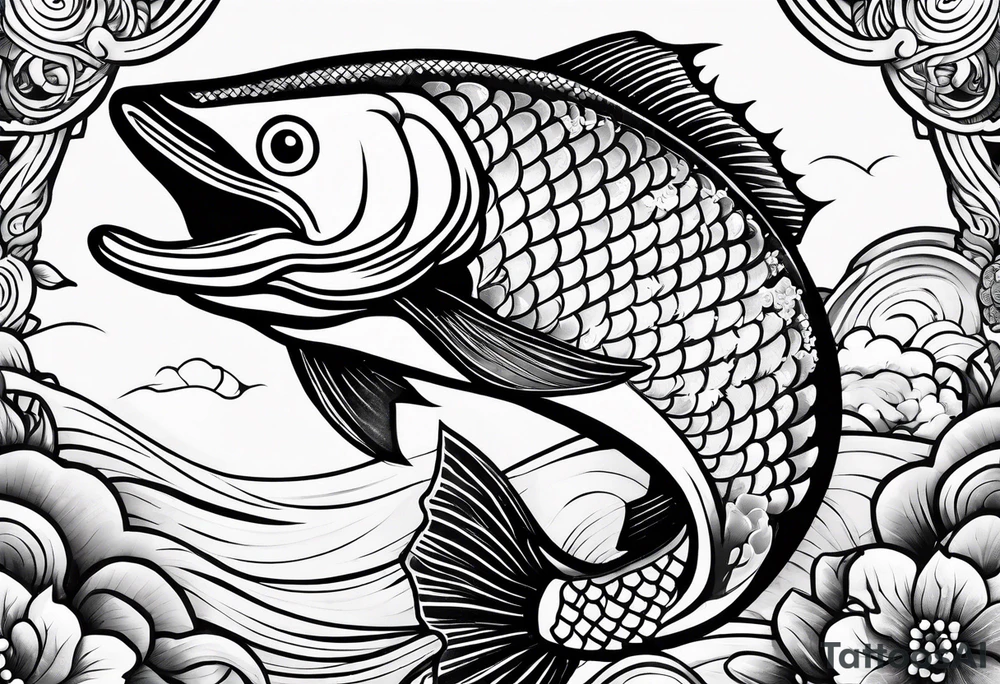 a salmon surrounded by japanese elements tattoo idea