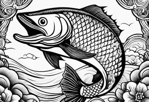 a salmon surrounded by japanese elements tattoo idea