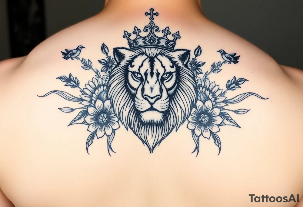 powerful majestic lion with a crown, surrounded by floral ornaments and birds tattoo idea