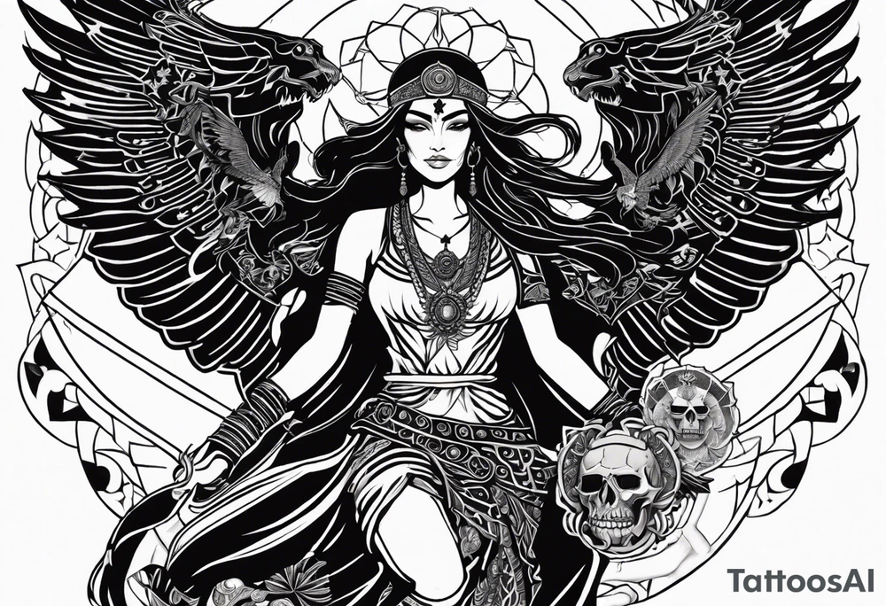 black kali, goddess pirate, alien, angel, pachamama, valkrye, warrior, flying, skull, lotus azul, wing, eagle, zenza resonance, stars, 5D, anahata chakra, death, durga, riding on a tiger, flying lady tattoo idea