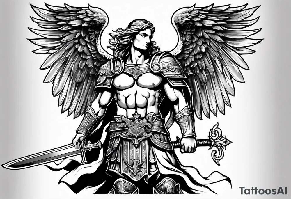 full body saint michael holding a sword tattoo idea