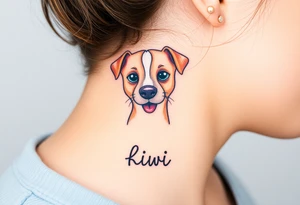 One line tattoo of female dog with white strip going up dog’s snout slightly off centered. With  the dogs tongue slightly out and the name kiwi tattoo idea