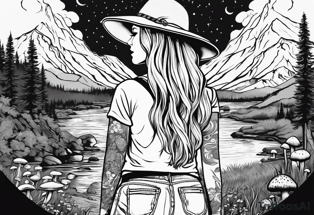 Whole picture encircled fully

Straight long blonde hair hippie girl in distance holding mushrooms in hand facing away toward mountains and creek surrounded by mushrooms long sleeve shirt and hiking pants; whole rendering within a full circle, no cut off circle tattoo idea