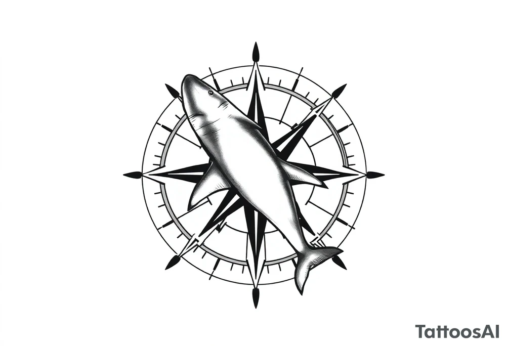 "A top-down view of a shark seamlessly integrated with a compass rose. The shark is seen clearly from above, swimming across or around the compass, with its fins and tail visible in perfect symmetry. The compass features detailed directional lines and ornate engravings, blending naturally with the shark's form. Done in black and grey ink, the style is realistic with subtle dotwork and shading for depth. The design is minimal yet powerful, symbolizing direction, strength, and instinct. Perfect for a shoulder, chest, or forearm tattoo." tattoo idea