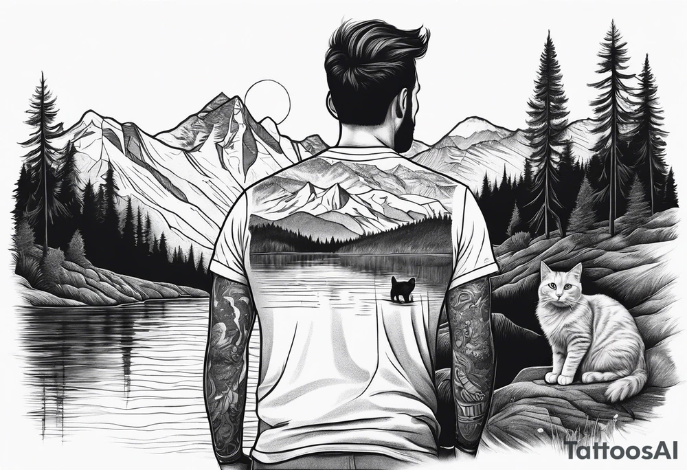 Man waking up trail with cat on side of him, Black Forest and mountains behind with lake tattoo idea