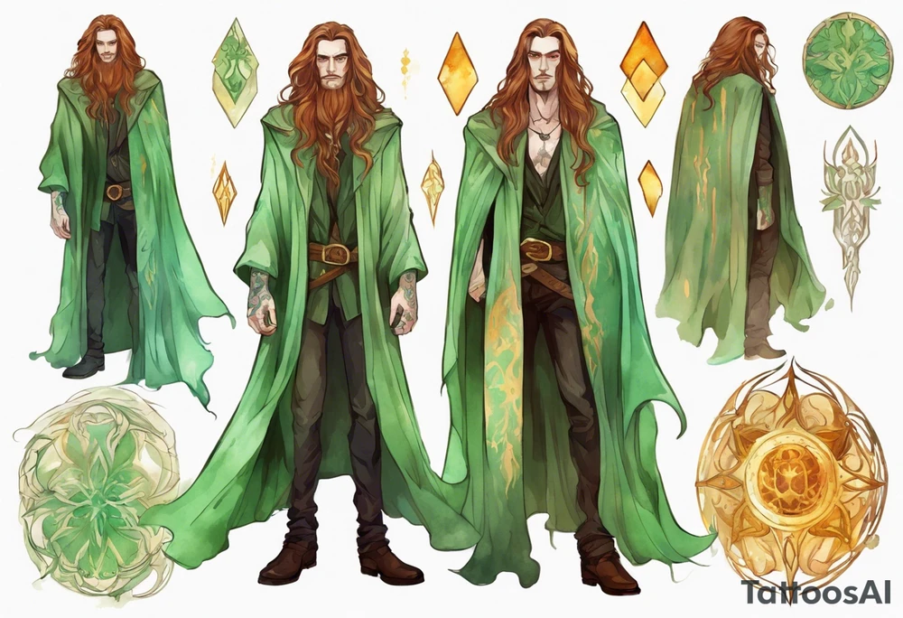 A tall beautiful man with pale green skin  with long hair of green and auburn with amber eyes wearing a gold cloak tattoo idea
