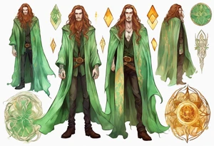 A tall beautiful man with pale green skin  with long hair of green and auburn with amber eyes wearing a gold cloak tattoo idea