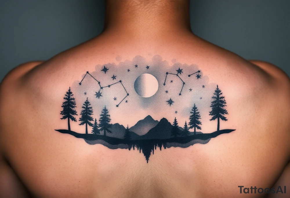 Night sky with a constellations and, stars and moon seen through a frame of natural landscape
silhouette tattoo idea