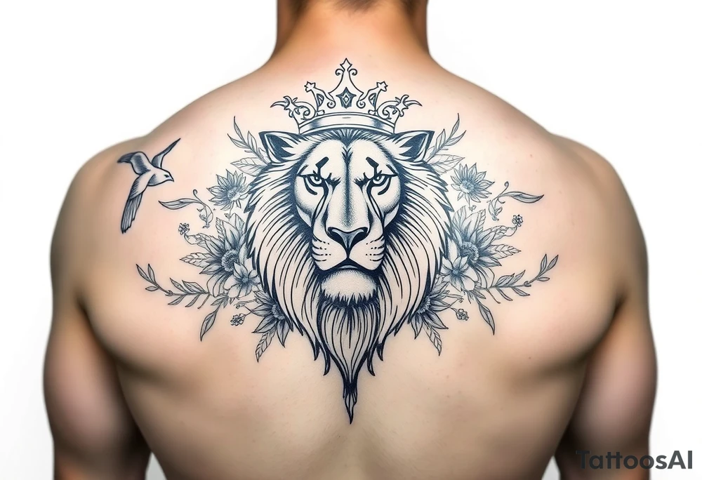 powerful majestic lion with a crown, surrounded by floral ornaments and birds tattoo idea