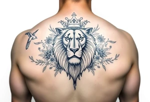 powerful majestic lion with a crown, surrounded by floral ornaments and birds tattoo idea