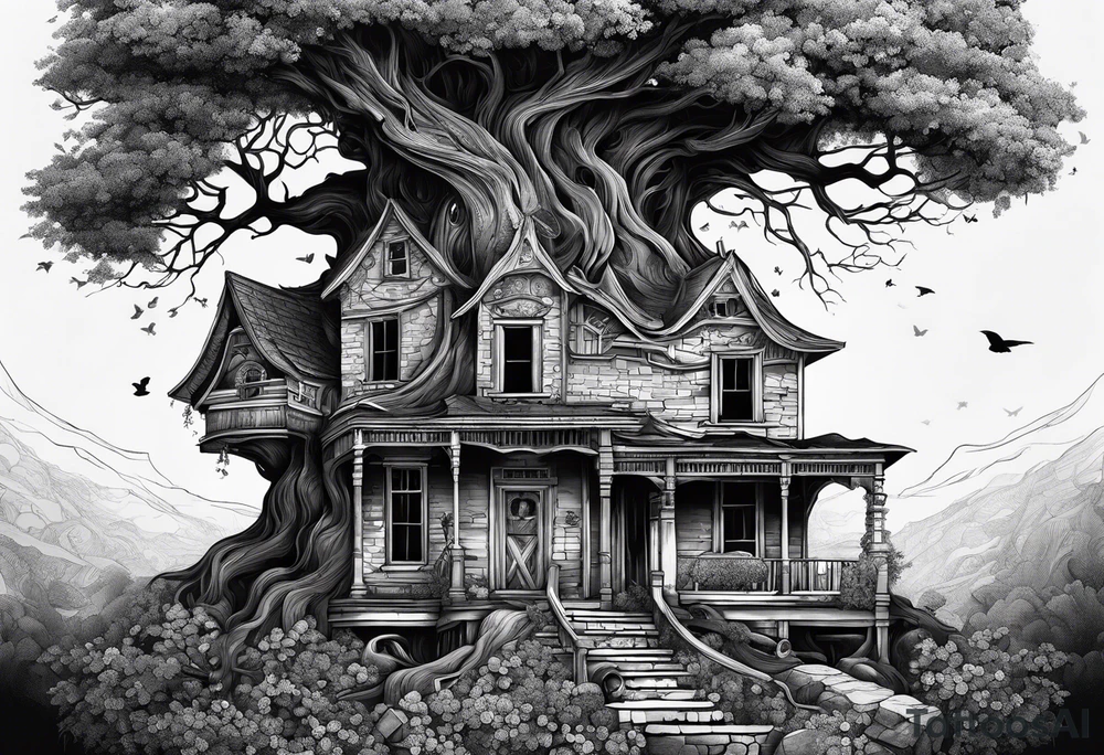 the tree of life growing out of a broken house with the devine child at its doorsteps tattoo idea