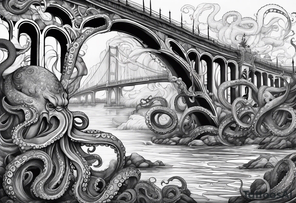 Octopus attacking bridge tattoo idea