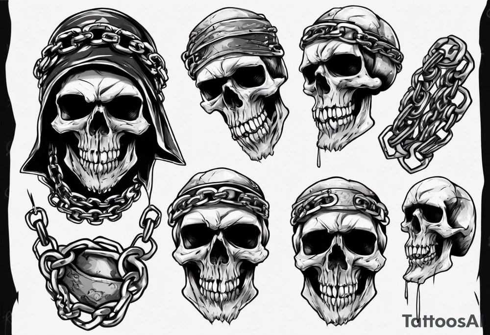 A skull with battered teeth and a chain mail head covering tattoo idea