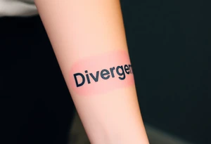 The word "Divergent" written in futuristic metallic font, with a glitch effect to symbolize breaking systems tattoo idea