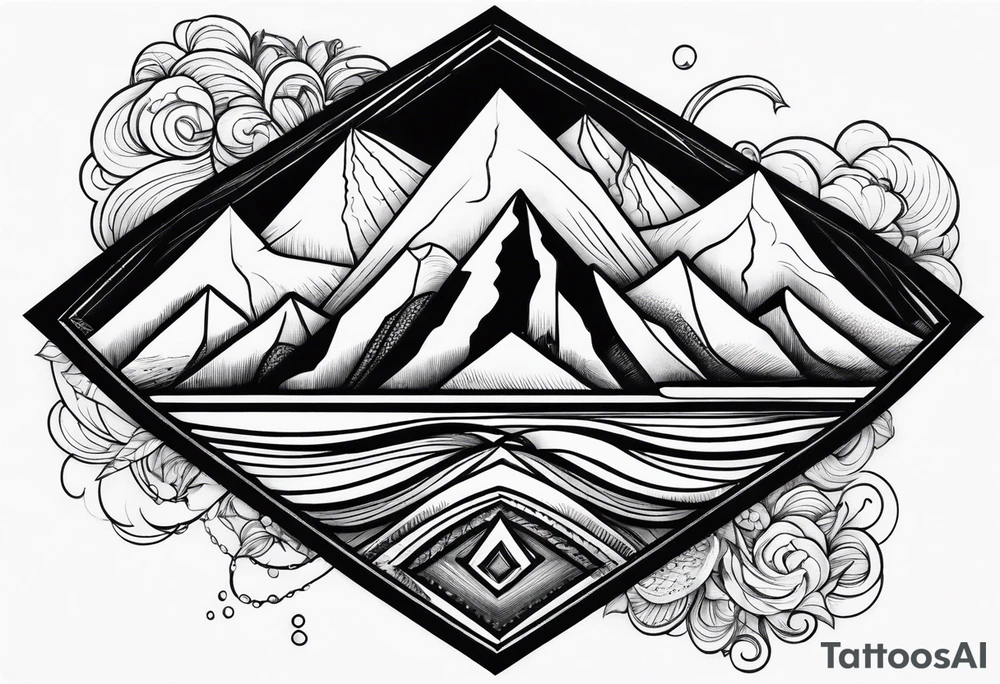 Mountains and big ocean waves  crashing diamond shape tattoo idea