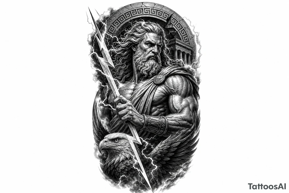 Zeus, king of the gods, lightning bolt, eagle, Greek mythology style. tattoo idea