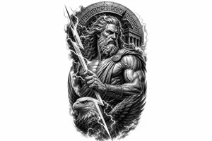 Zeus, king of the gods, lightning bolt, eagle, Greek mythology style. tattoo idea