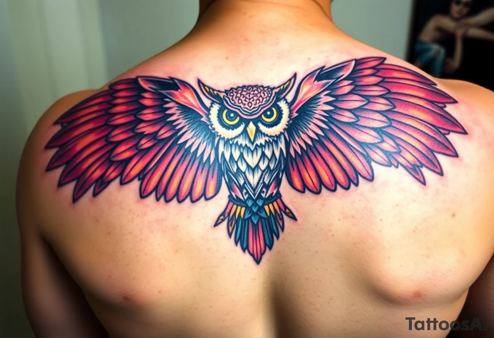 Majestic owl with huge wings spread out tattoo idea