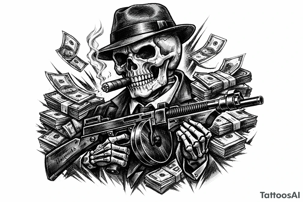 skull with cigar in his mouth,mafia-hat,machine-gun in his hands,surrounded by money. tattoo idea