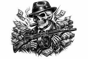 skull with cigar in his mouth,mafia-hat,machine-gun in his hands,surrounded by money. tattoo idea