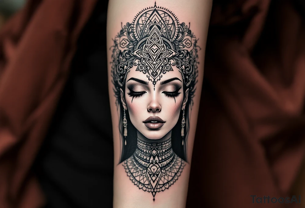beautiful woman dmt deity with sacred geometric patterns behind head tattoo idea